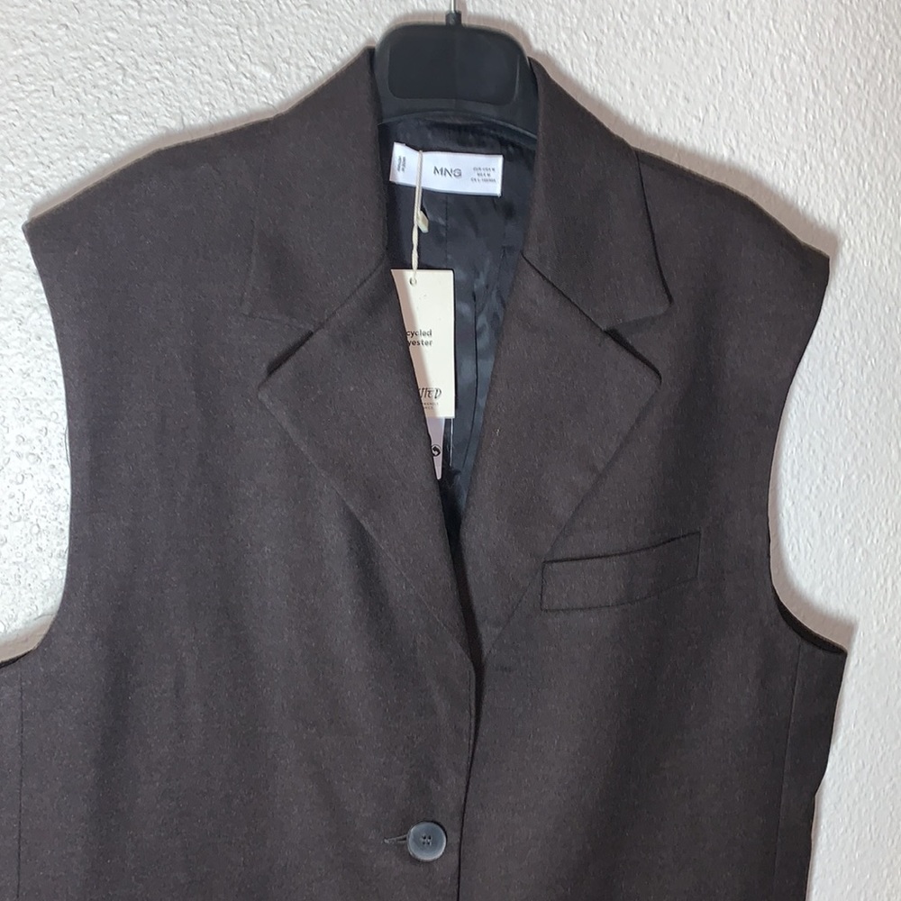 MNG brown oversized long 2 button Vest Sz M formal 90’s classic faux pockets NWT - Picture 4 of 17